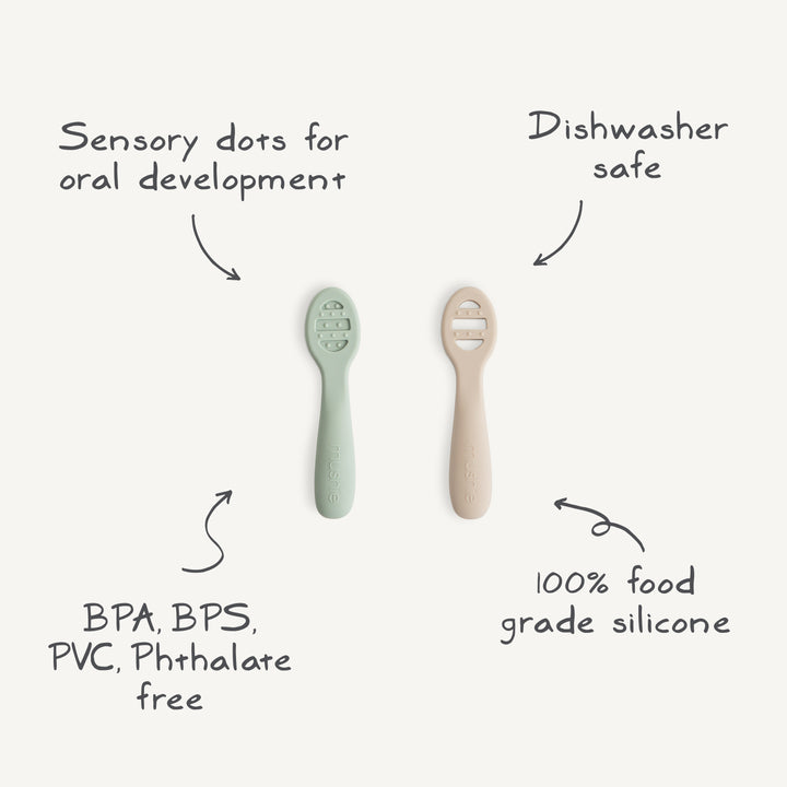 Two baby utensils with text highlighting features like sensory dots, dishwasher safety, and food-grade silicone.