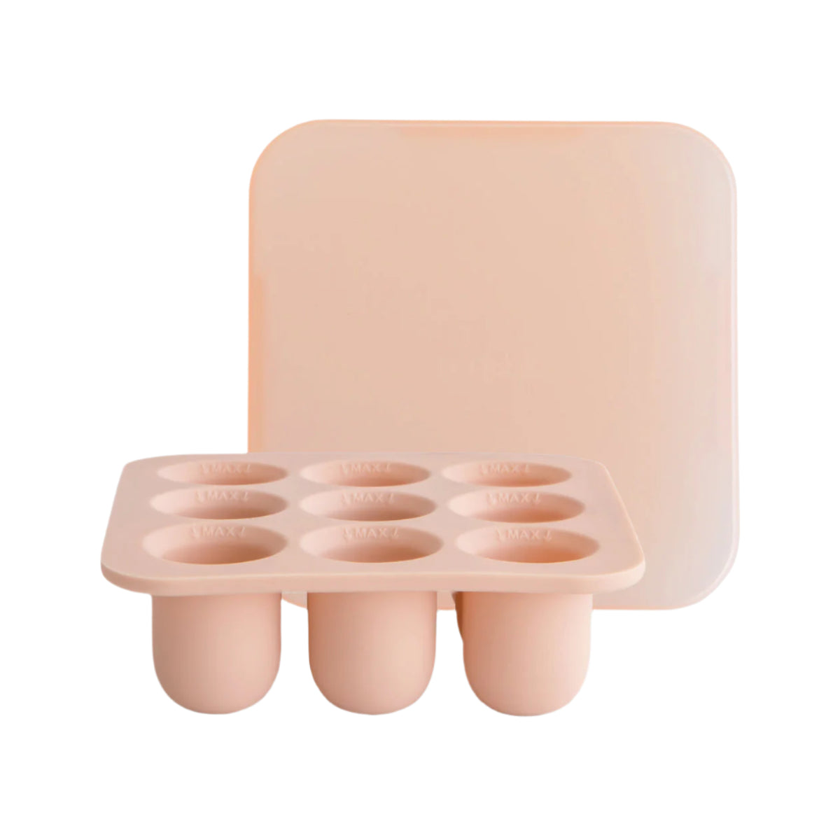 A pink silicone freezer tray with nine compartments and a frosted plastic lid.