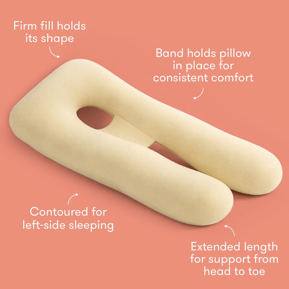 A U-shaped contoured pillow in a pale cream color, displayed on a solid coral pink background with white text callouts explaining its features for left-side sleeping, shape support, and extended head-to-toe support.