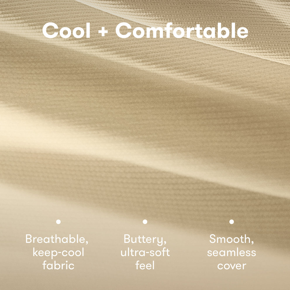 Text on a beige fabric background describing fabric properties.