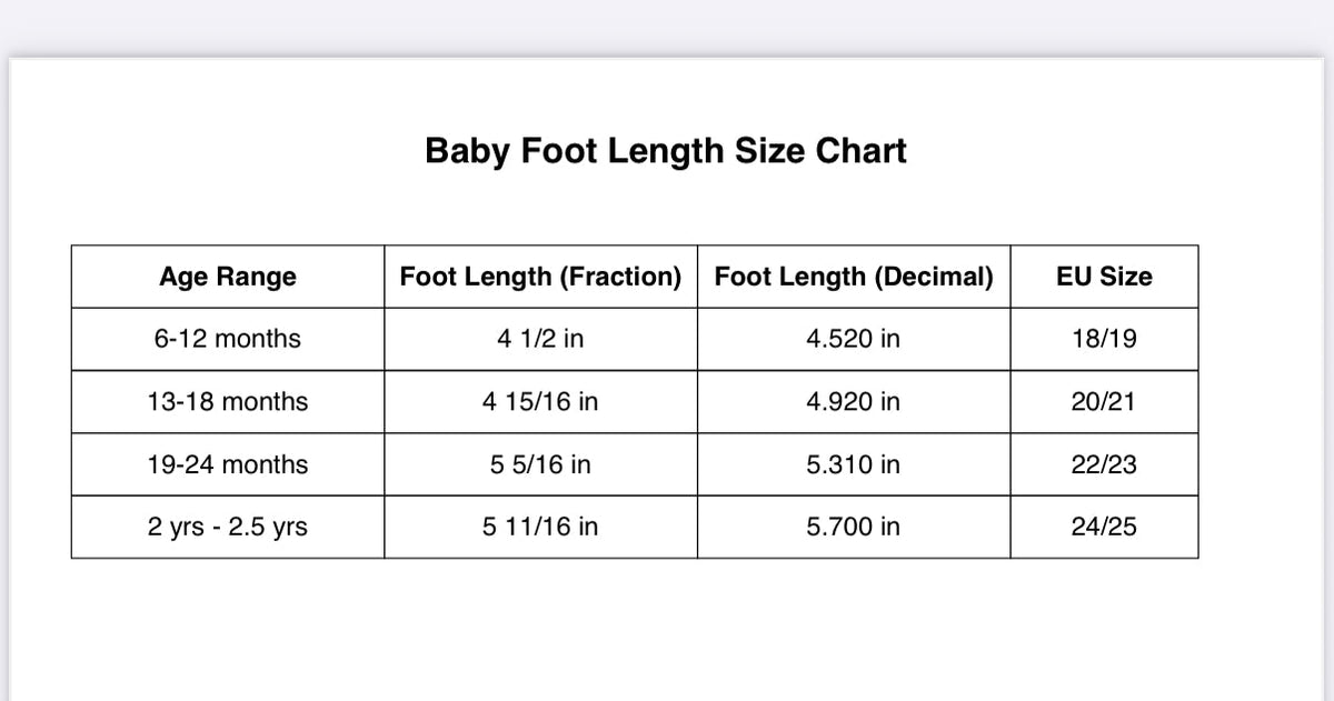 Baby foot length size chart with age ranges, foot lengths, and EU sizes.