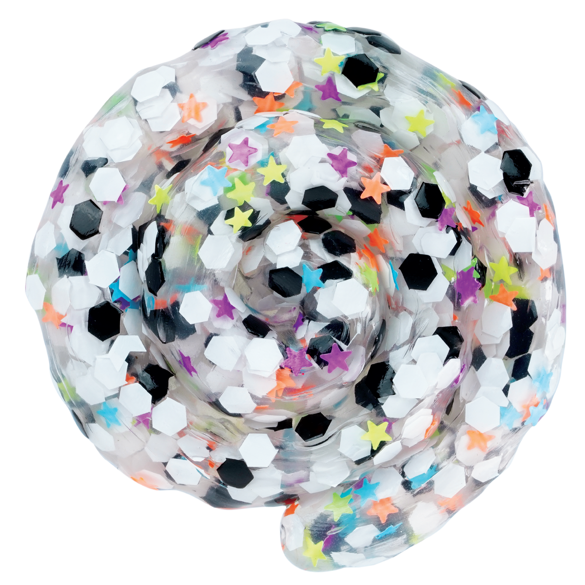 Colorful textured ball with star and hexagon patterns on a white background