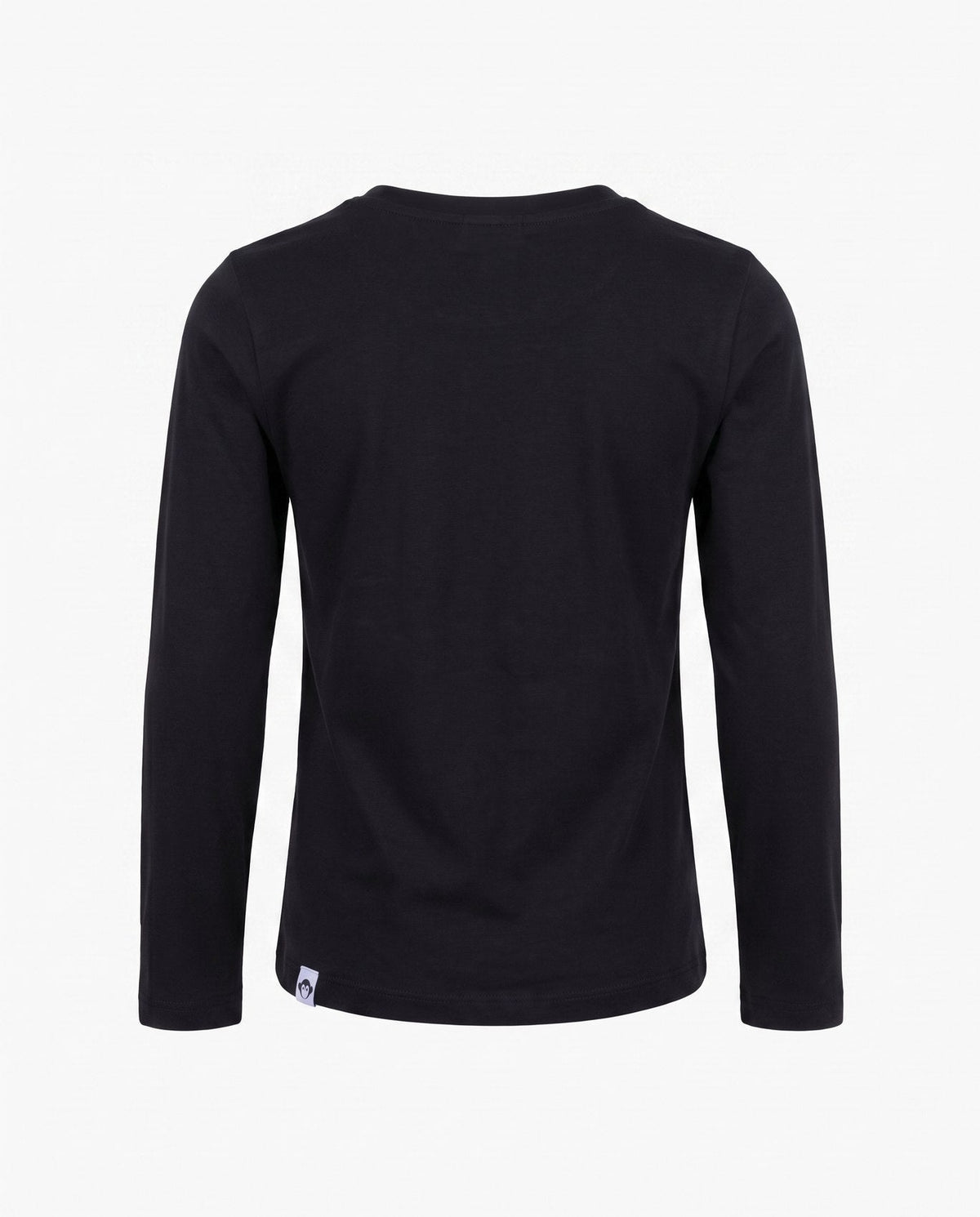 A black long-sleeve crewneck shirt shown from the back, featuring a small white brand tag near the bottom left hem, set against a plain white background.