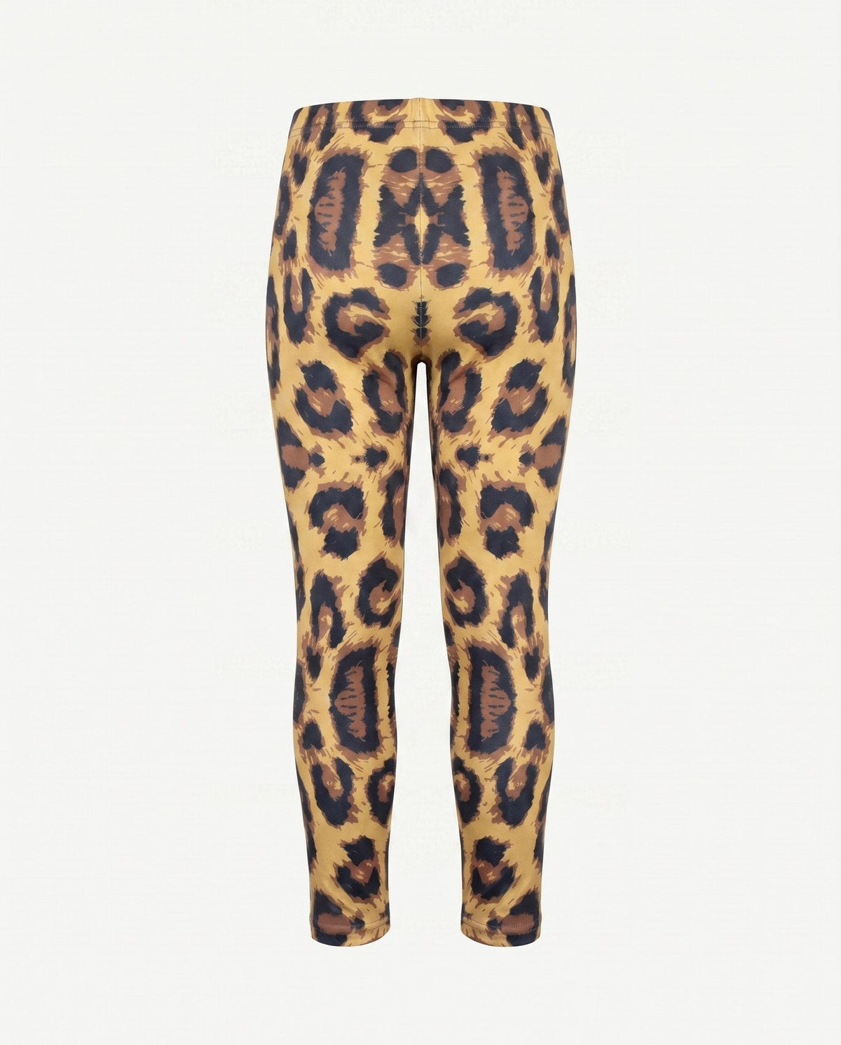 A pair of high-waisted leggings with an all-over leopard print pattern in tan, brown, and black, shown against a plain light gray background.
