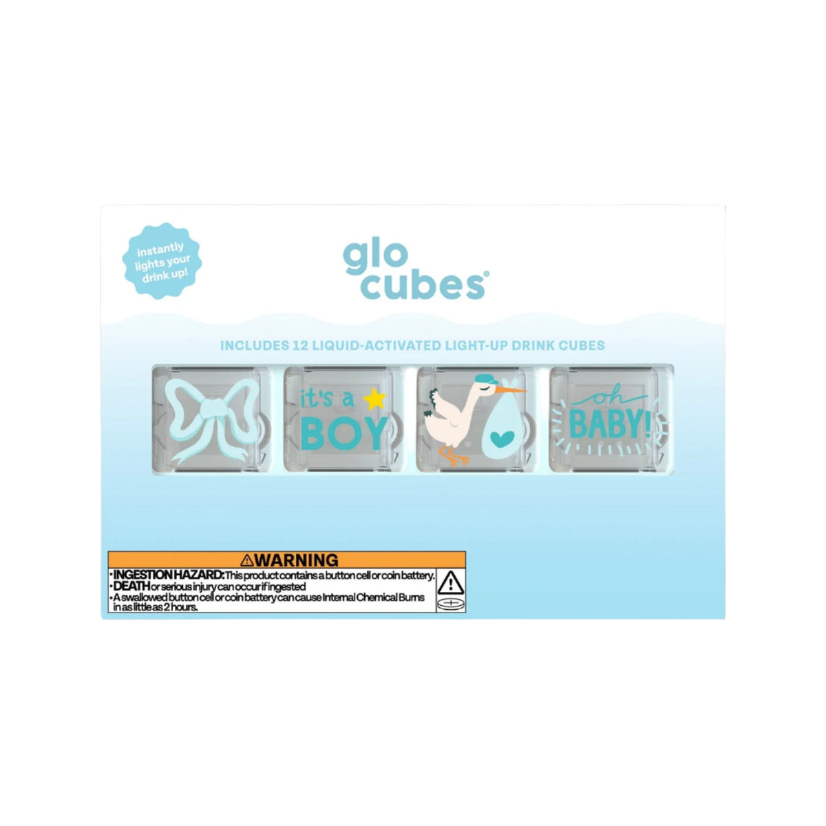 Packaging of glo cubes with baby-themed designs on a light blue background