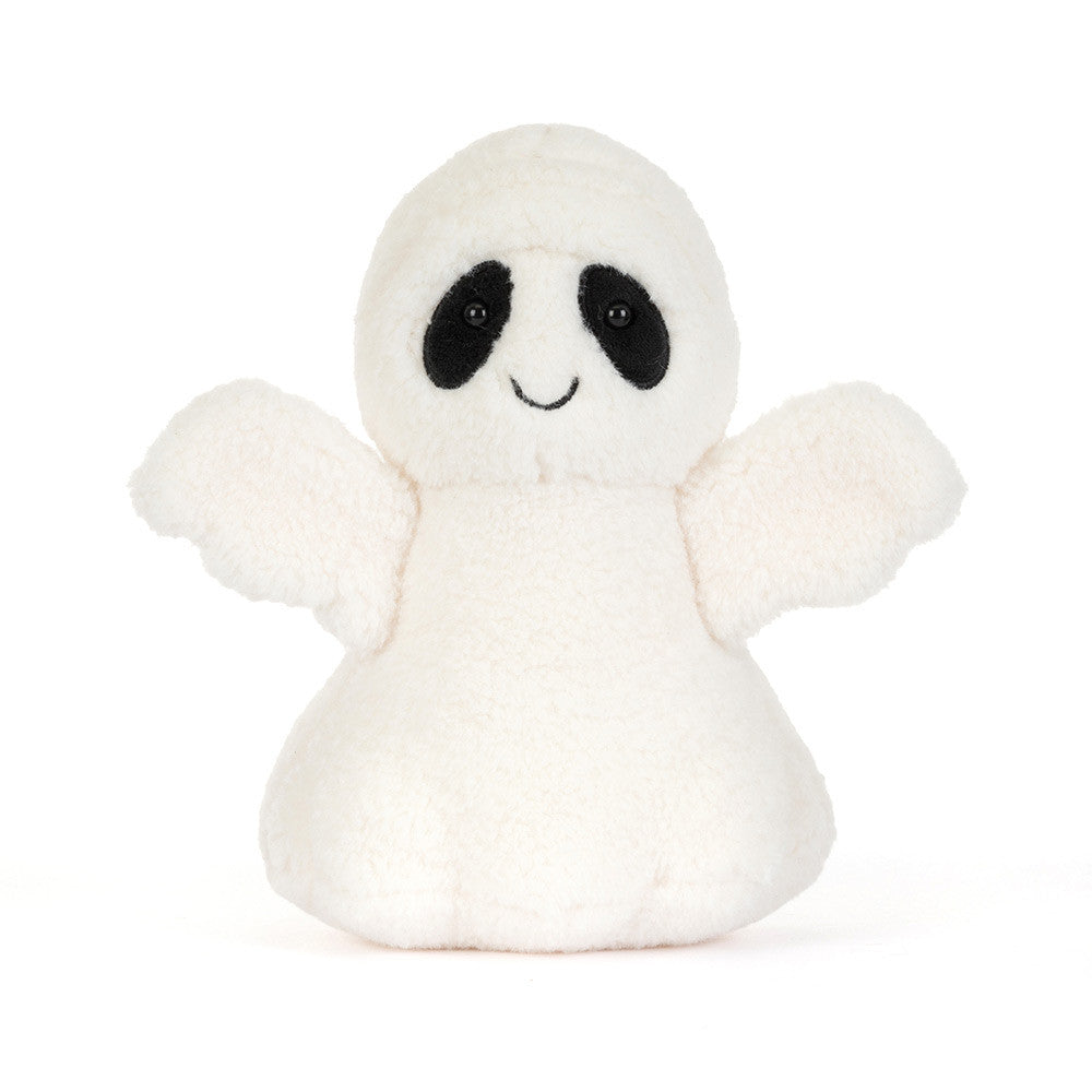 A small white plush ghost toy with black embroidered eyes and a simple stitched smile, centered on a clean white background.
