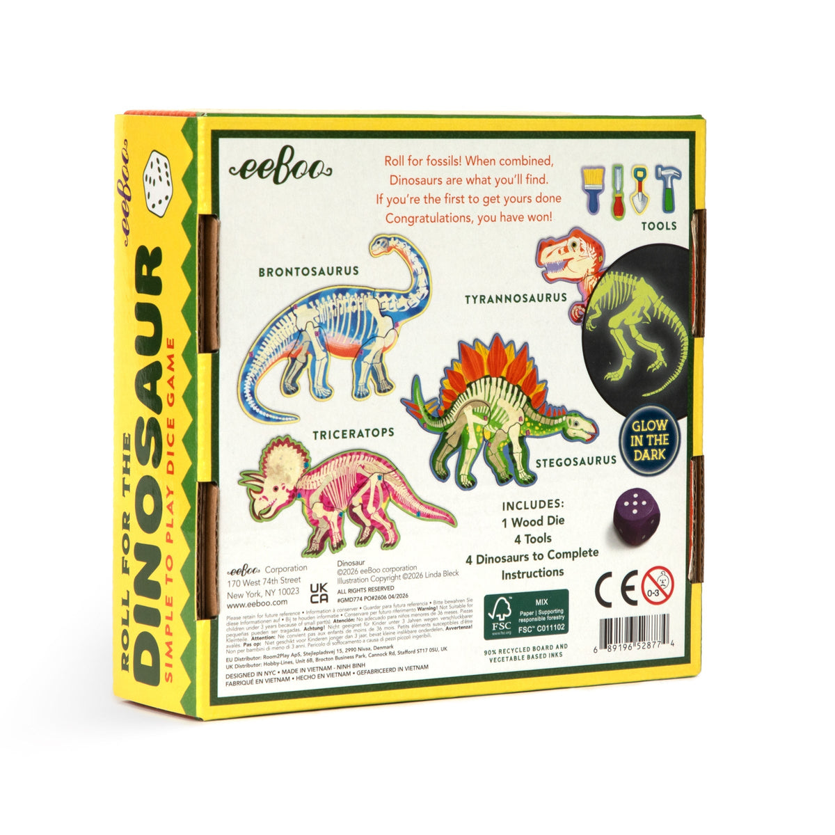 Back of the Dinosaur Dice Game by Eeboo box showing illustrations of the Brontosaurus, T-Rex, Triceratops, and Stegosaurus skeletons, along with game instructions, contents list, and a "Glow in the Dark" feature badge.