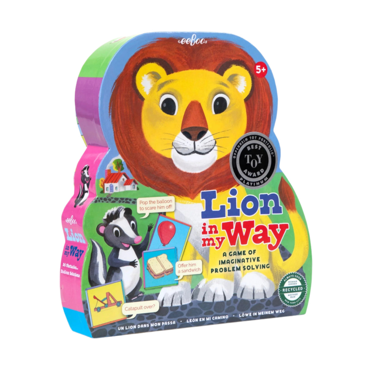 Toy packaging of 'Lion in my Way' game with colorful design and lion illustration.