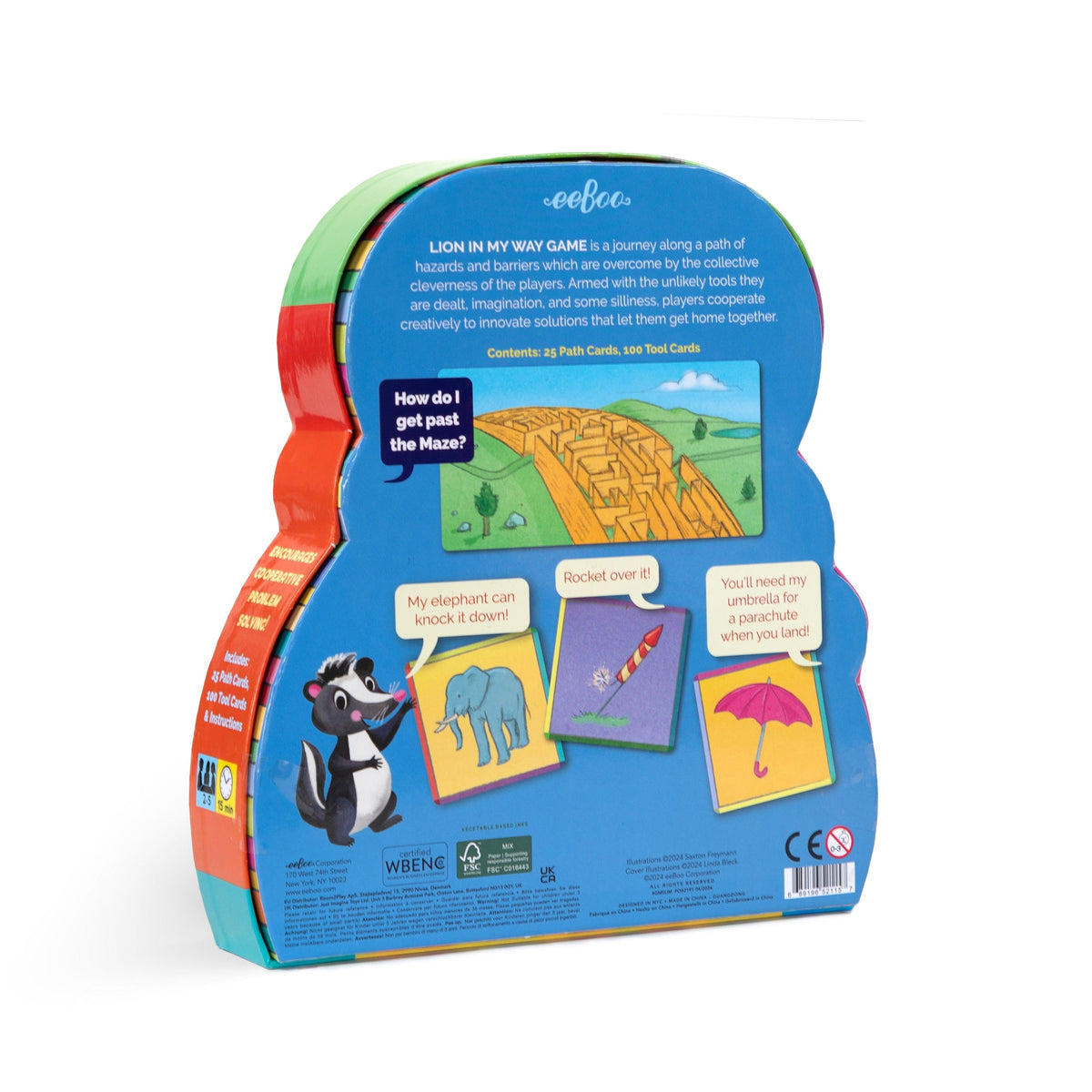 Back view of a children's game packaging with illustrations and text.