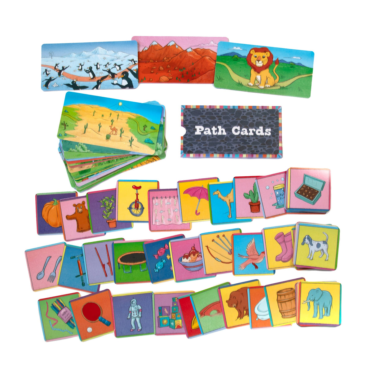 Colorful educational path cards with various illustrations on a white background