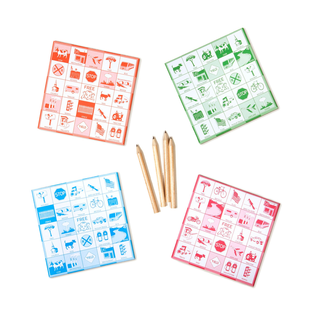 Four square pegboard game boards in red, green, blue, and pink, arranged in a circle with four wooden pencils in the center on a white background.