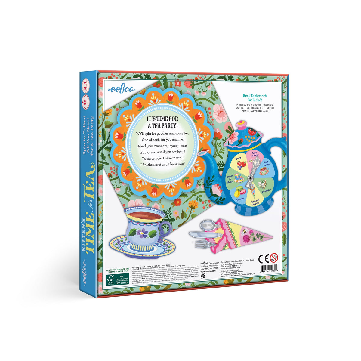 Kitten's Time for Tea Spinner Game by eeBoo, showing the back of the game box with a colorful floral pattern, a teapot spinner, a teacup on a saucer, and text detailing the game's contents and features.