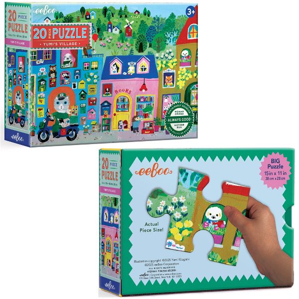 Product packaging and an actual-size puzzle piece for the 20 Piece Puzzle - Yumi's Village by Eeboo, showing the colorful box alongside a close-up of a large, interlocking puzzle piece being held.