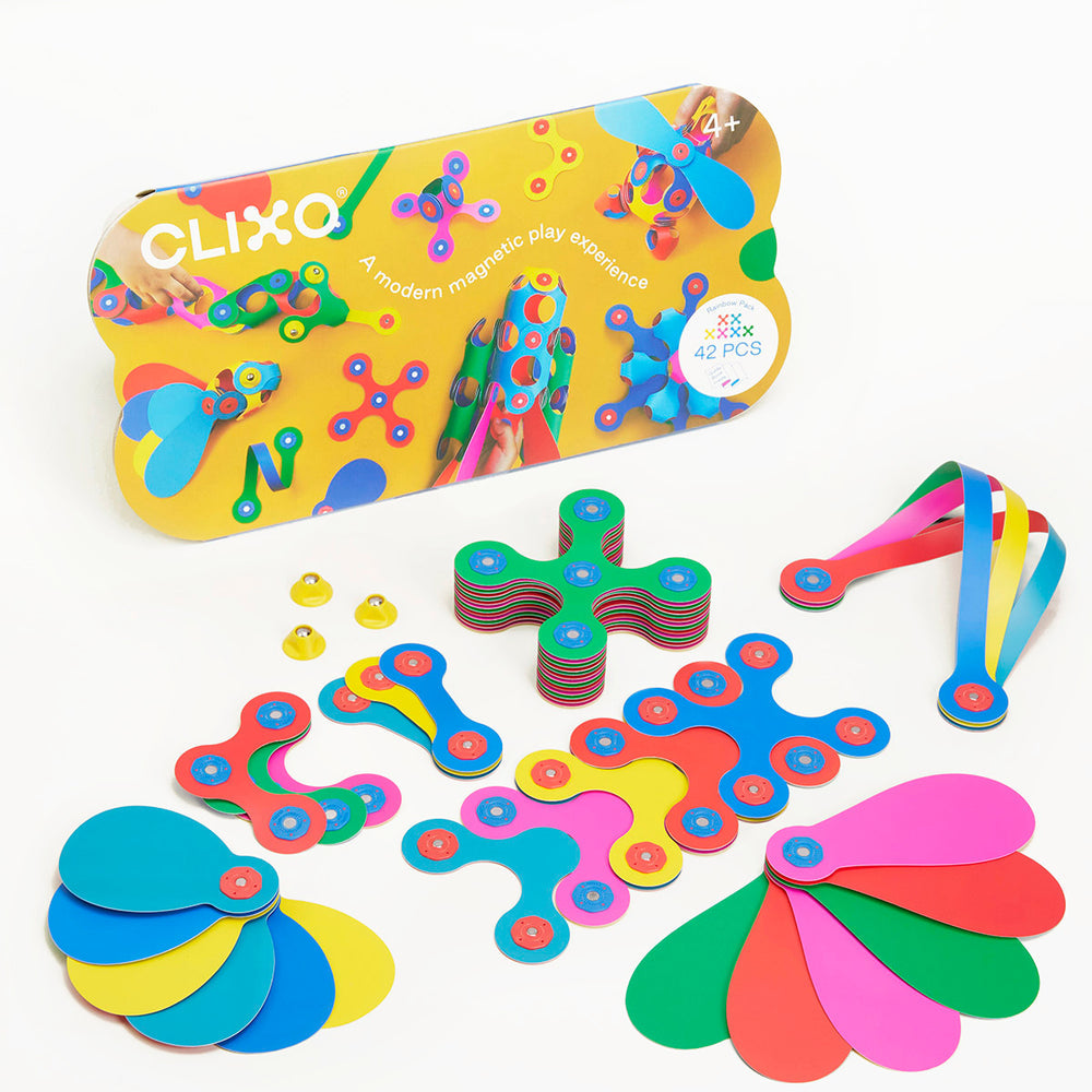 Colorful Clixo magnetic play set with packaging on a white background