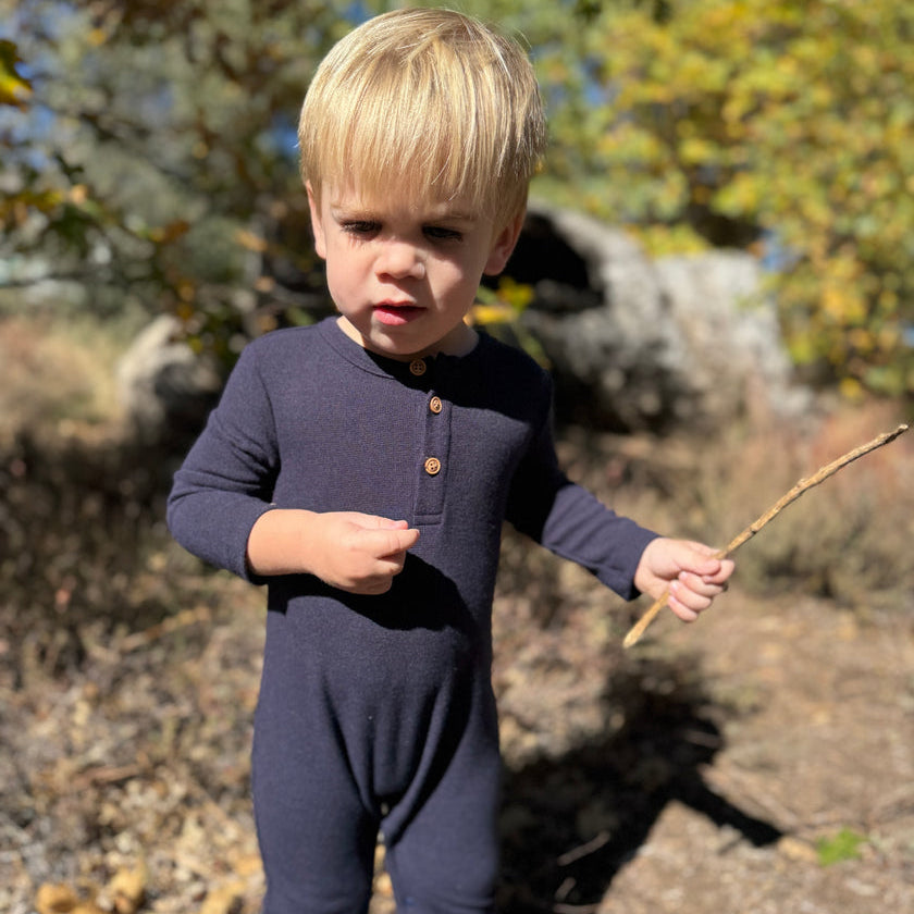 A toddler with blonde hair wearing a navy blue Henley onesie stands outdoors in a natural setting with rocks and dry brush, holding twigs.