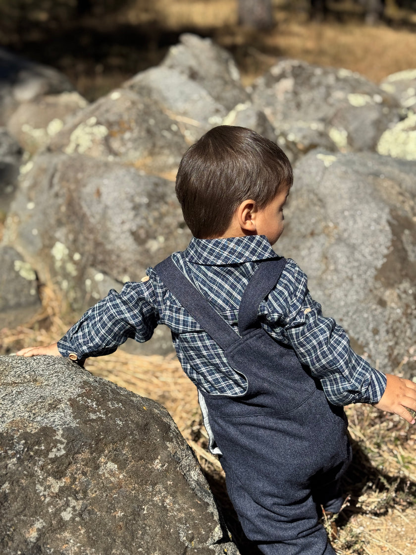 A toddler wearing a blue and white plaid shirt and navy blue denim overall, seen from behind as they walk outdoors among large rocks.
