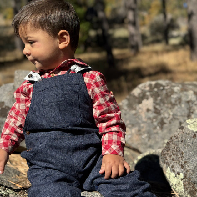 A young toddler wearing a red and white checkered button-down shirt under dark blue denim overalls.