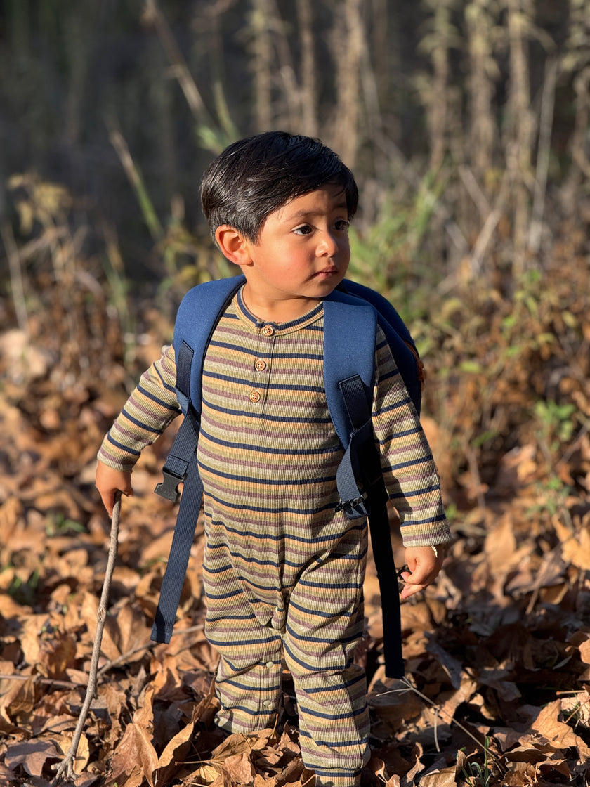 A toddler boy wearing a blue backpack and a beige and brown striped long-sleeve henley jumpsuit, walking outdoors through dry brown leaves and holding a small twig in a wooded setting.