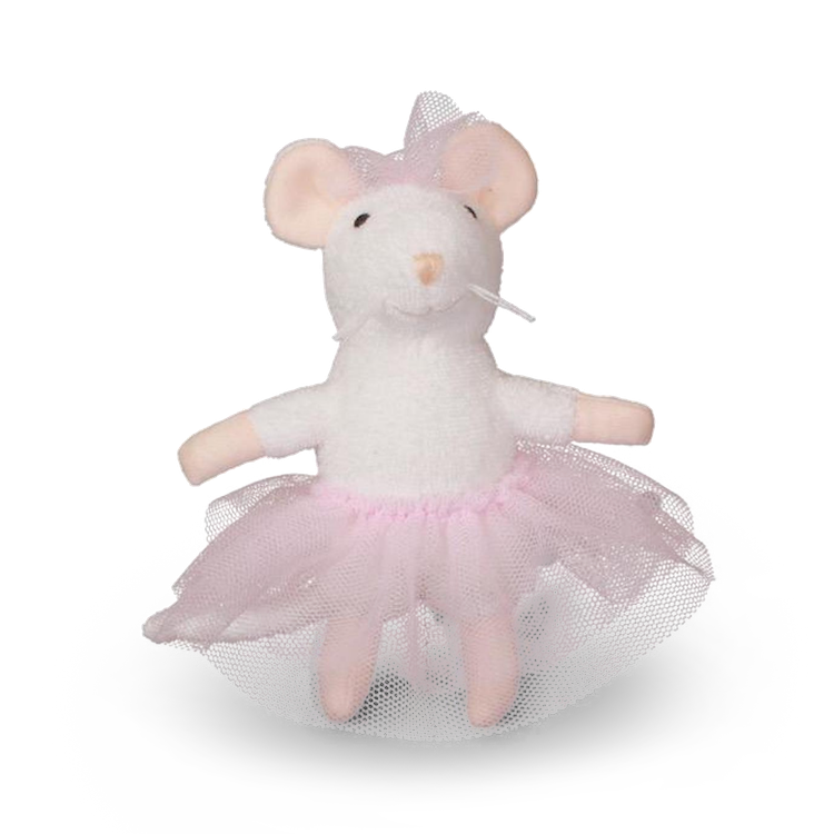 Plush toy mouse in a ballet outfit with a pink tutu on a white background