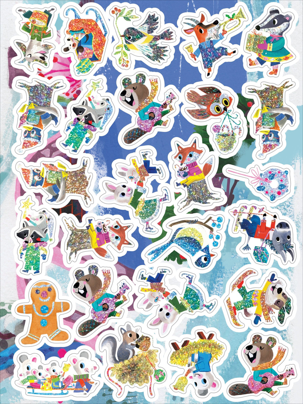 Collection of colorful animal stickers on a blue background