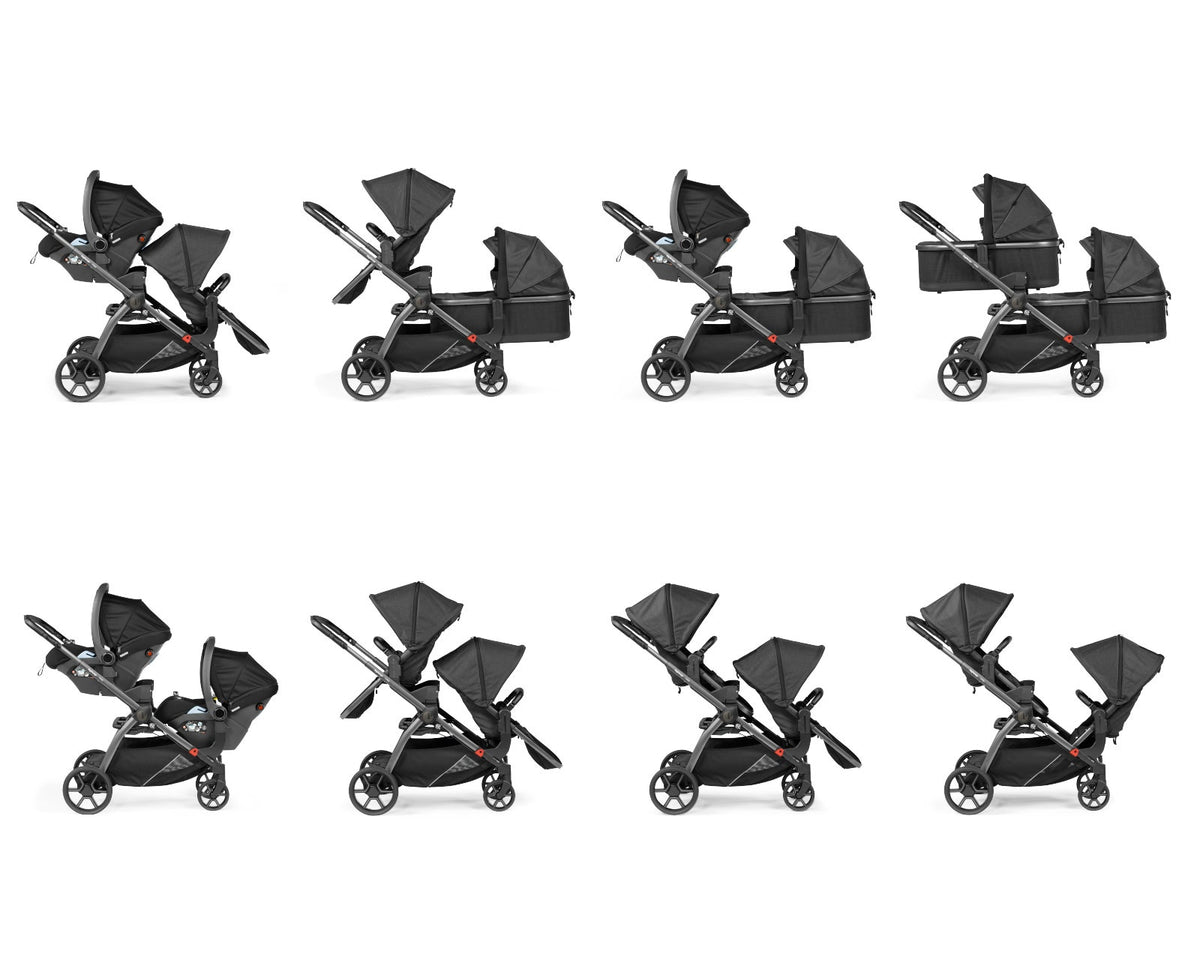 Black stroller in various positions on a white background