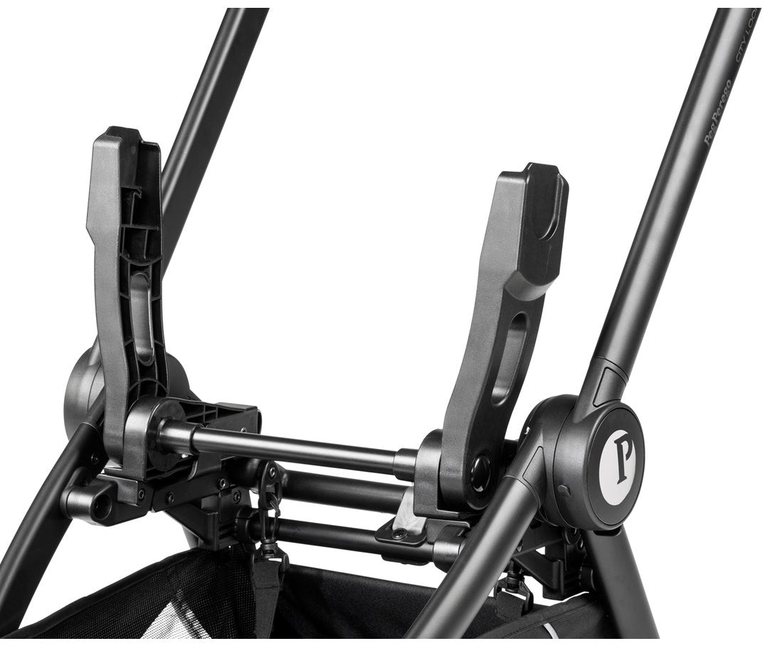 Close-up of a black metal frame with a brand logo on a white background