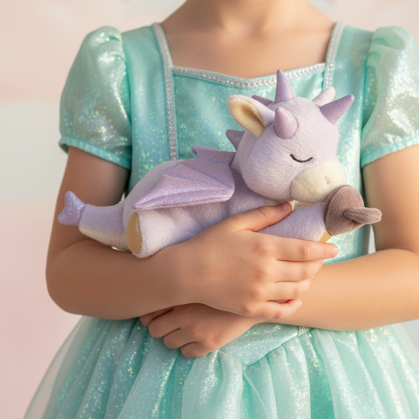 Child in a sparkly dress holding a plush unicorn toy with a rainbow in the background