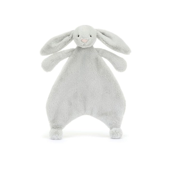 Gray plush bunny toy on a white background