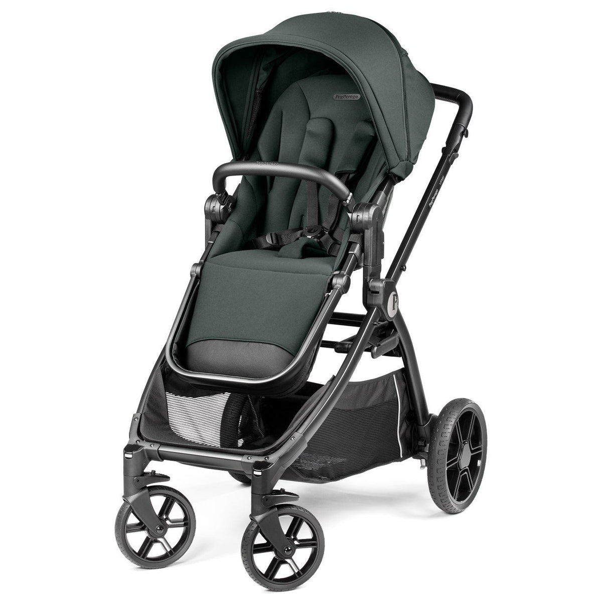A stroller in dark forest green fabric with a black frame and wheels, shown from a three-quarter angle on a white background.