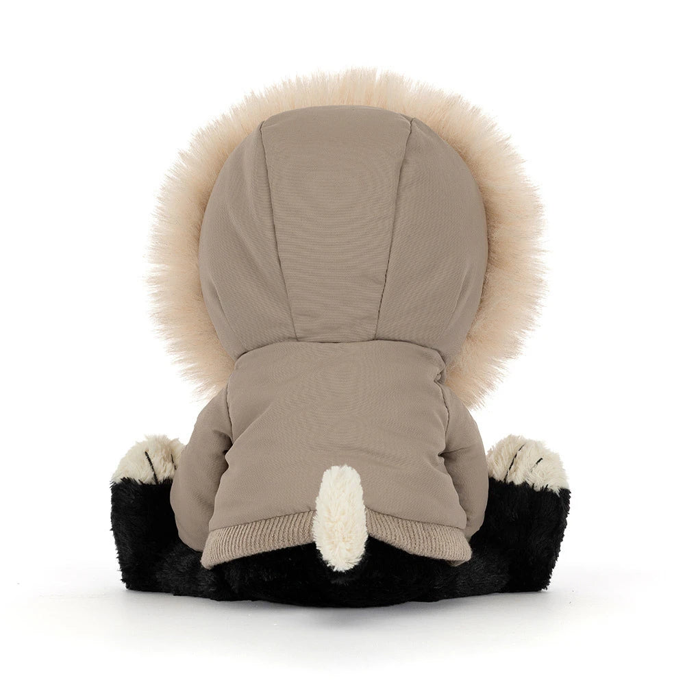 A pet winter coat shown from the back, featuring a beige body, a large beige faux-fur trimmed hood, a short fluffy tail, and black paw pads with cream-colored paws, photographed on a white background.
