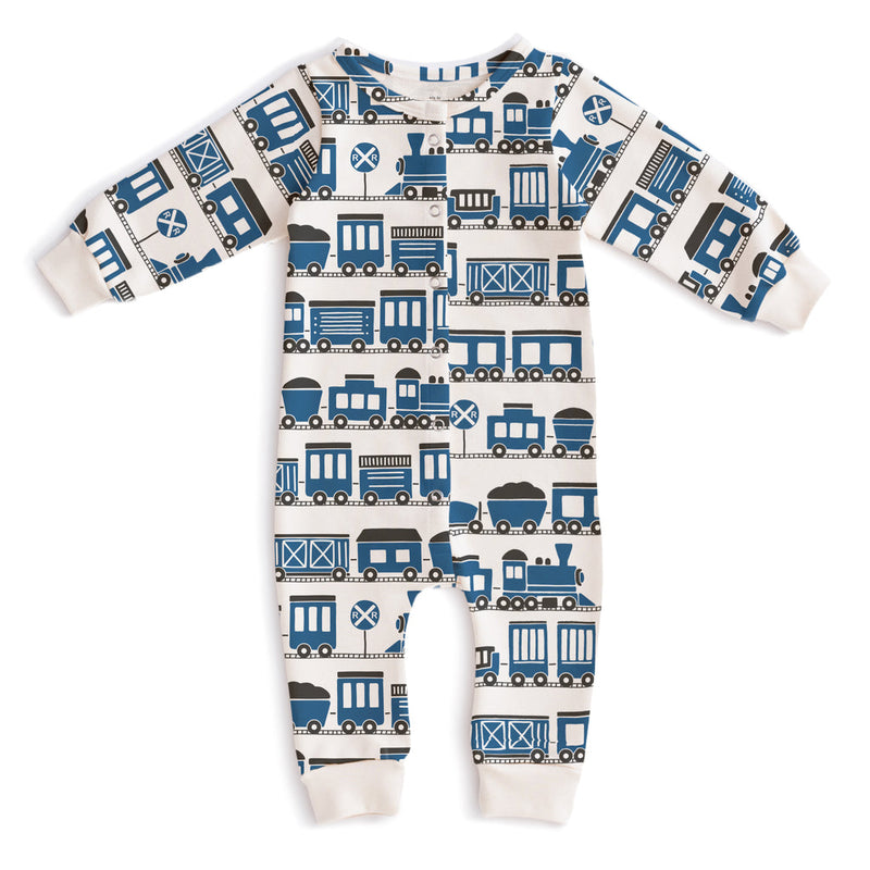 French Terry Jumpsuit - Trains Blue by Winter Water Factory FINAL SALE