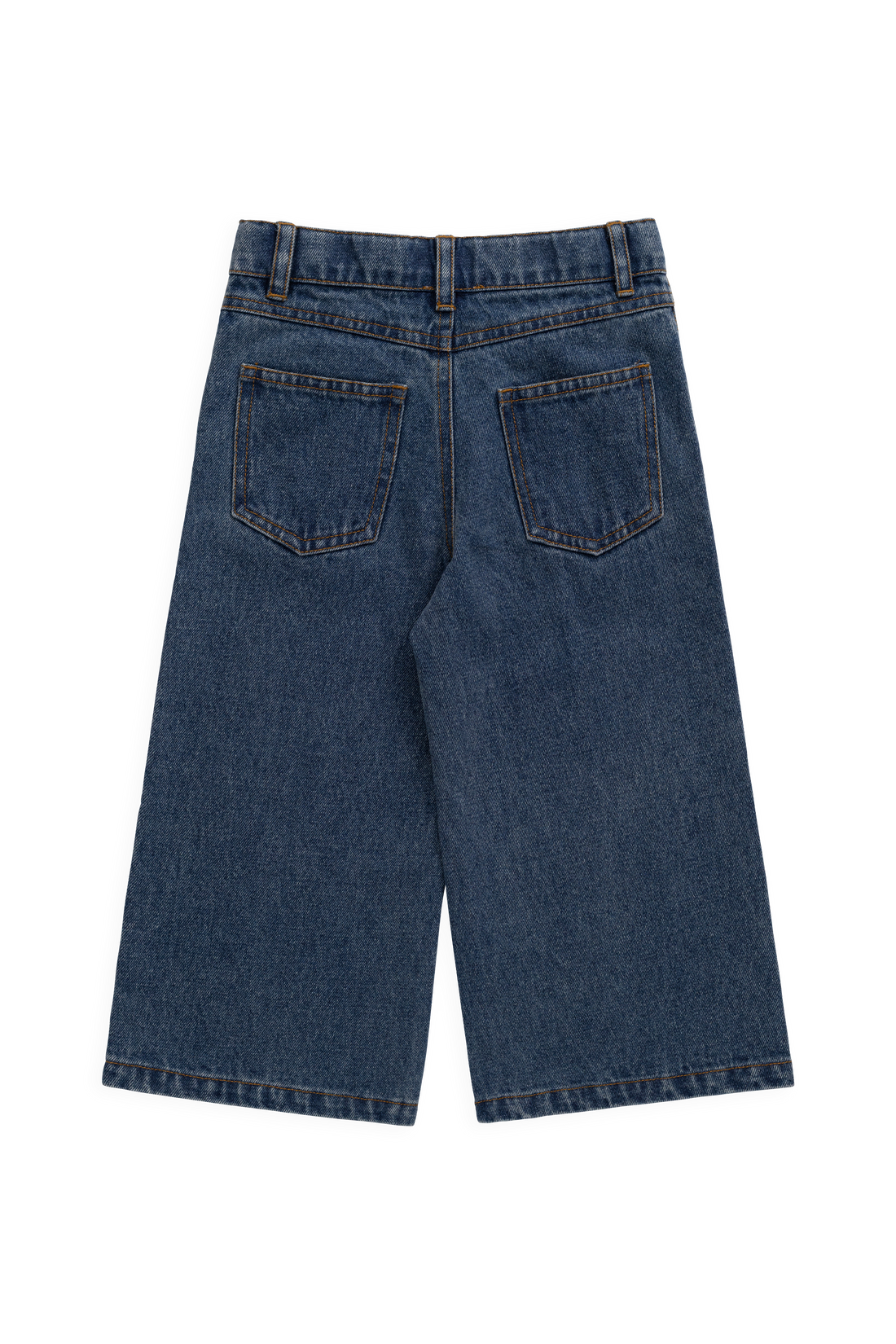 Back view of dark blue denim cropped pants with a straight leg and classic pocket design, shown on a plain white background.