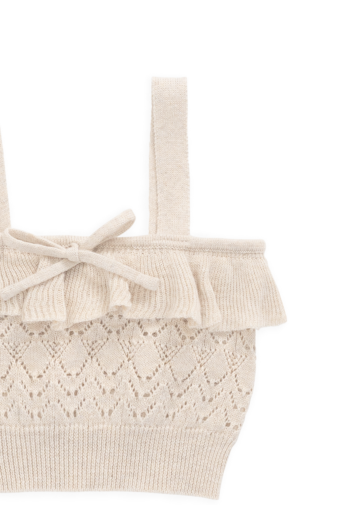 Beige knit bag with lace detailing on a white background