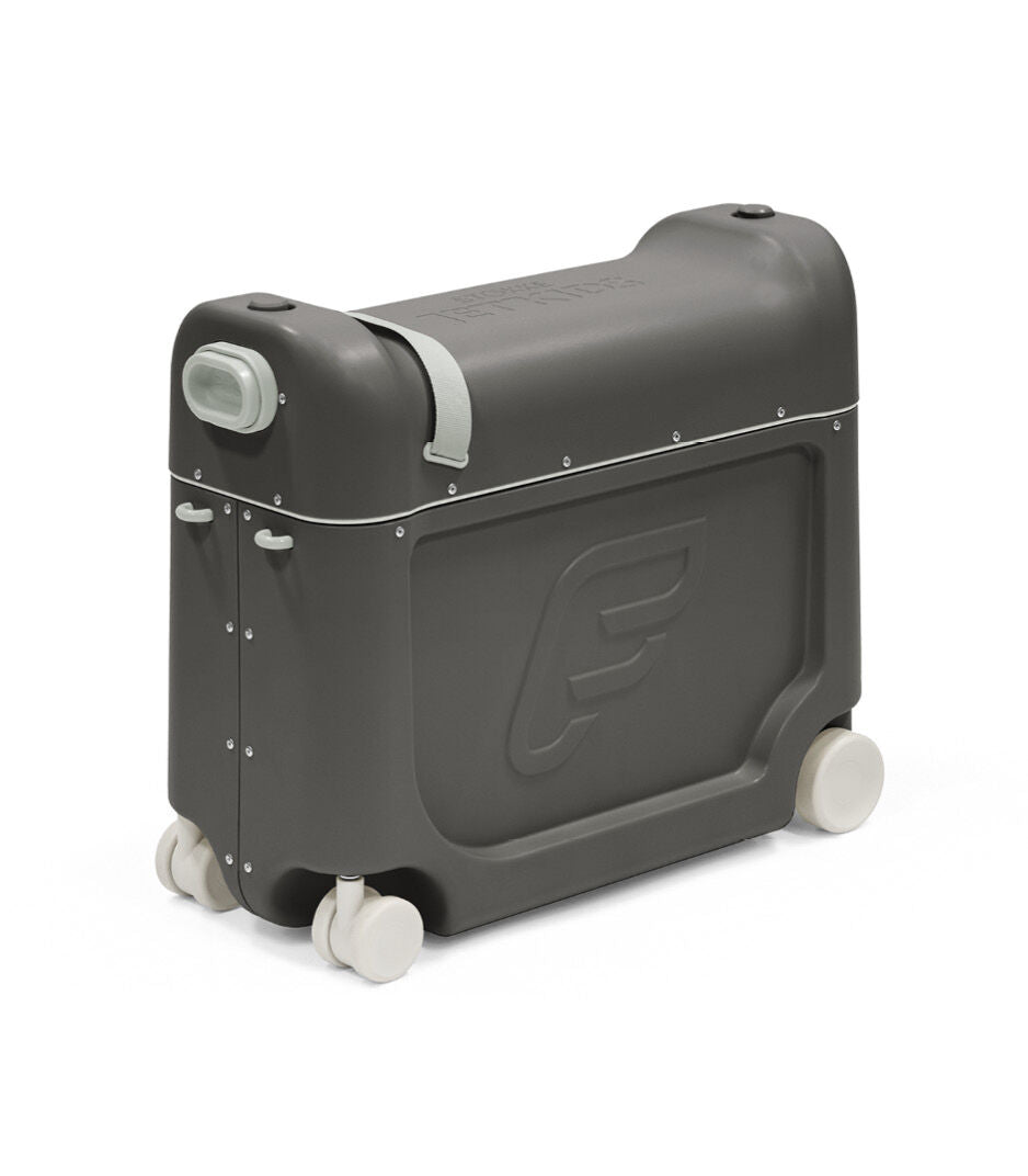 Black suitcase with wheels on a white background