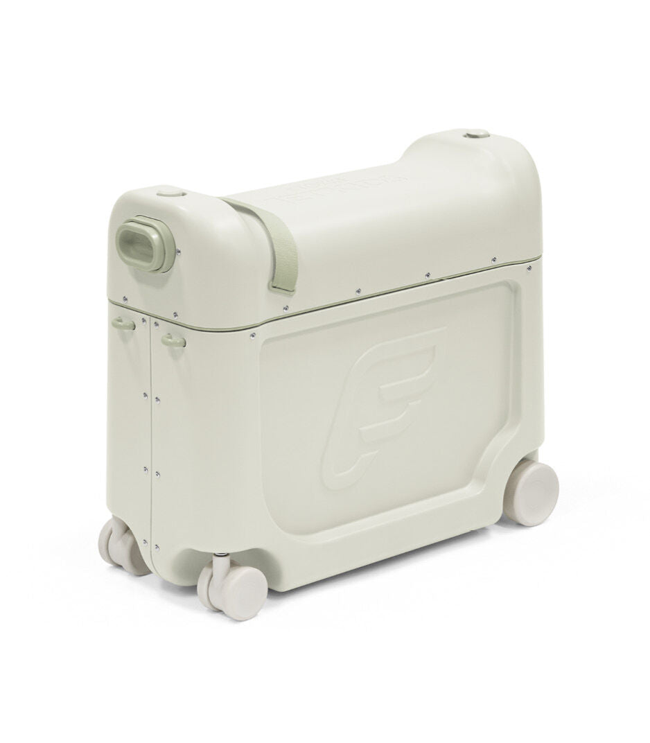White suitcase with wheels on a white background