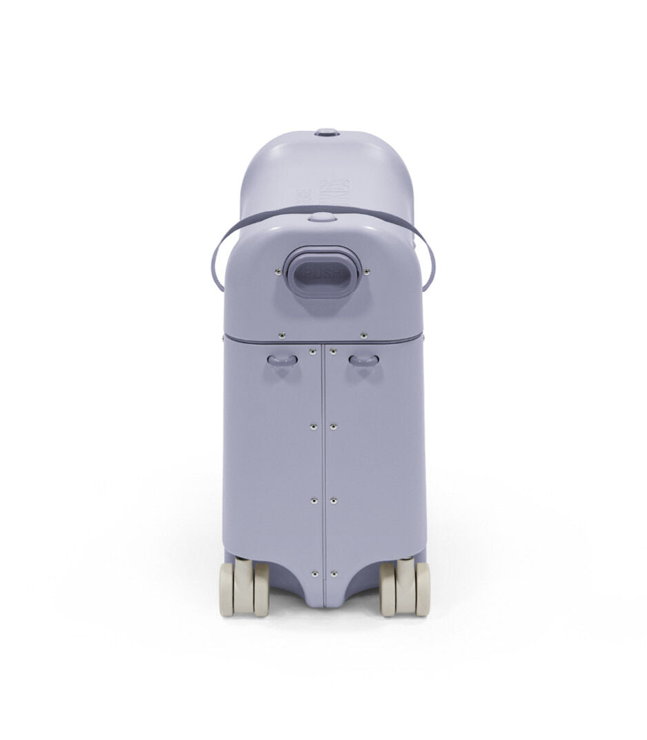Purple robot toy on wheels with a white background