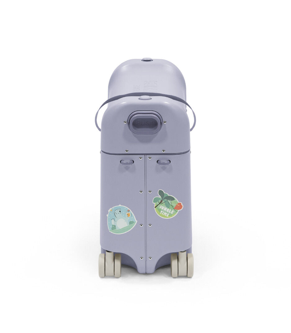 Children's purple toy with wheels and a handle on a white background