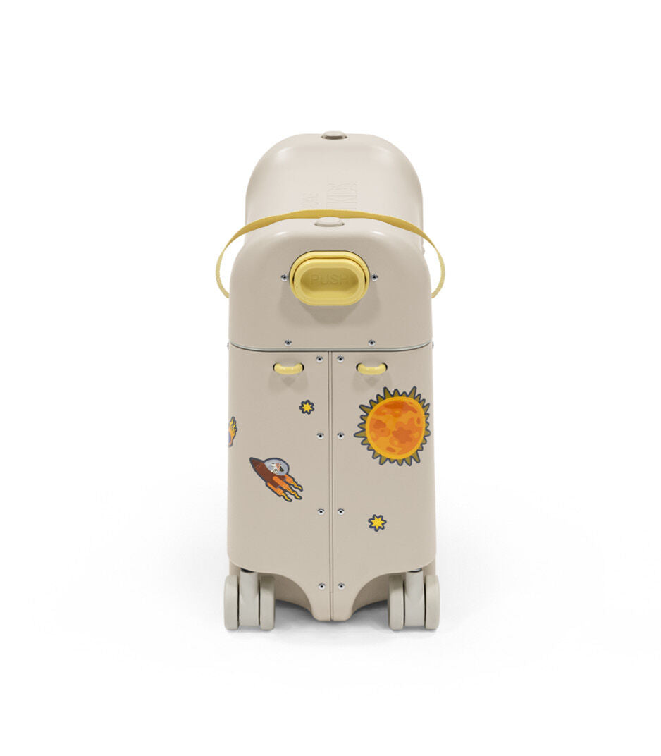 Children's toy suitcase with space-themed stickers on a white background