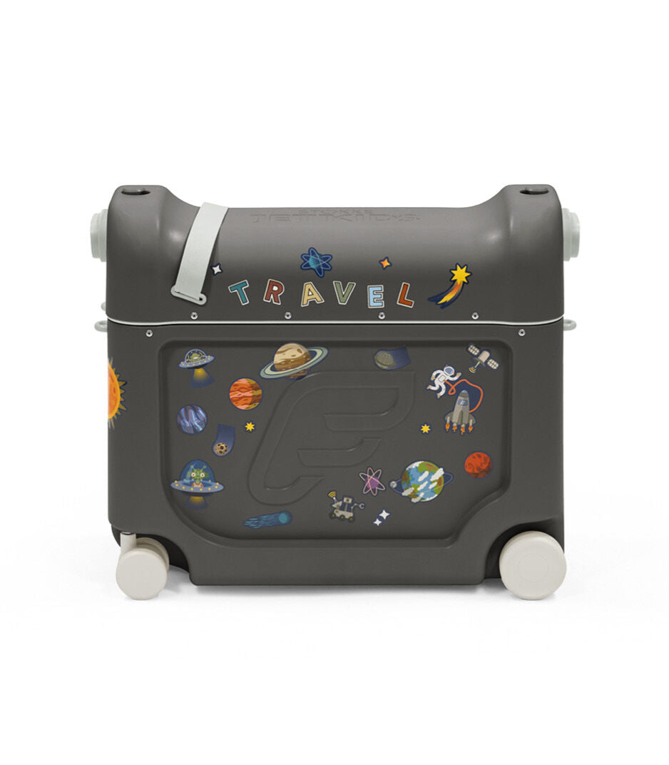 Children's suitcase with space-themed graphics and 'TRAVEL' text on a white background