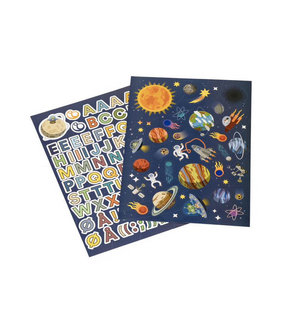 Two educational posters with alphabet and space-themed illustrations on a white background