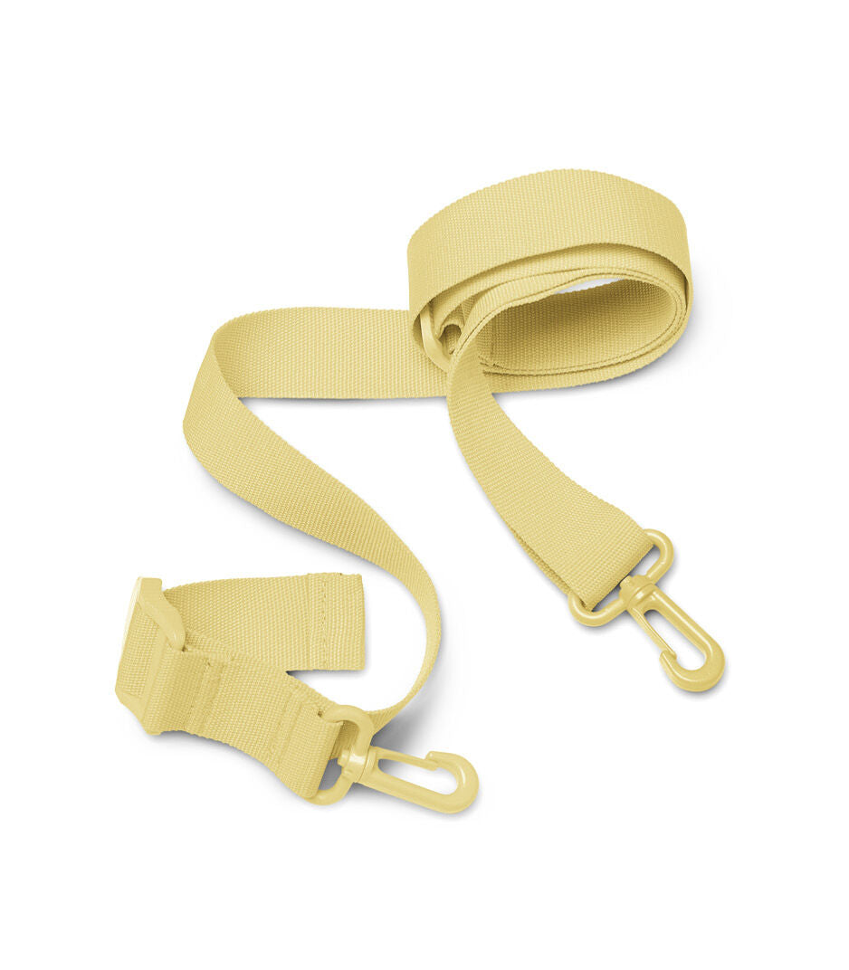 Yellow bag strap with a clasp on a white background