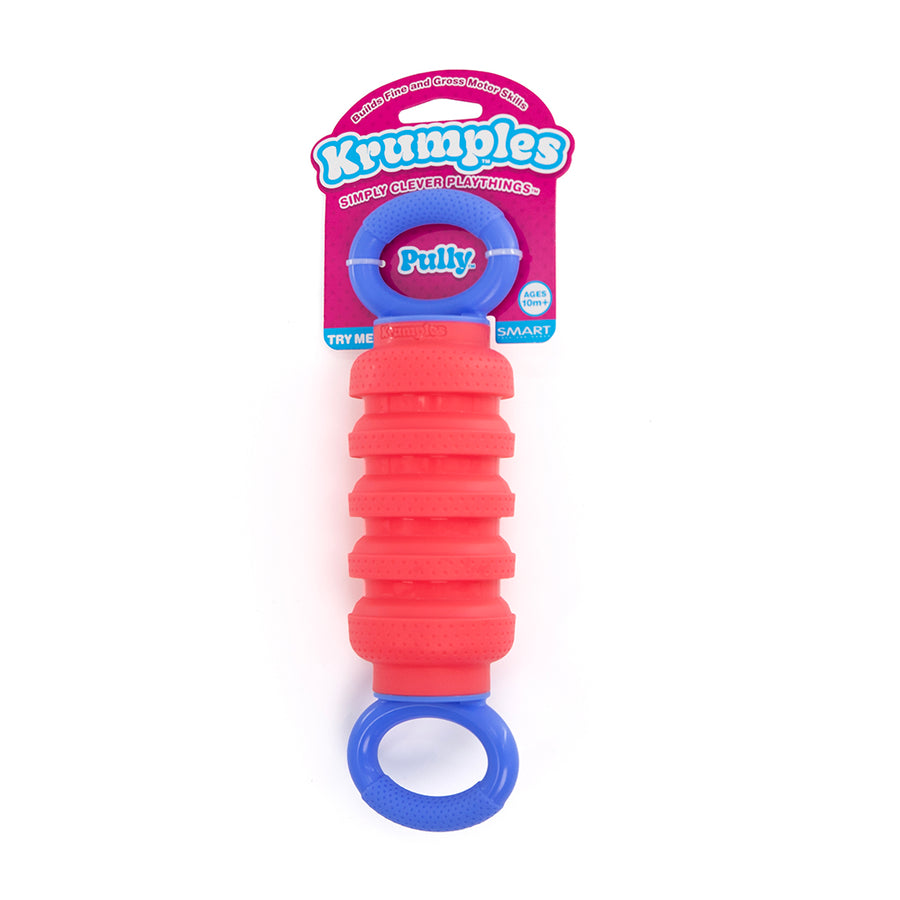 Red and blue Krumples Pully toy on a white background