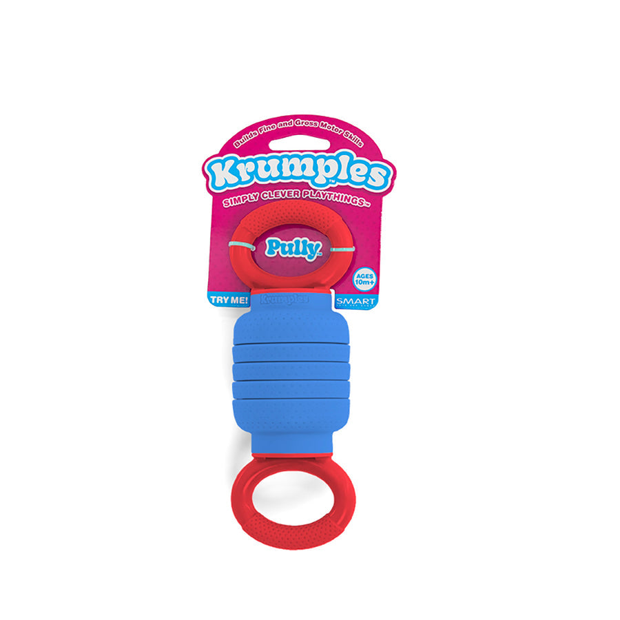Krumple's toy with blue and red design on a white background