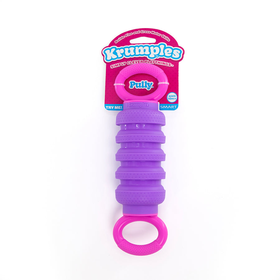Purple and pink Krumplees toy with packaging on a white background