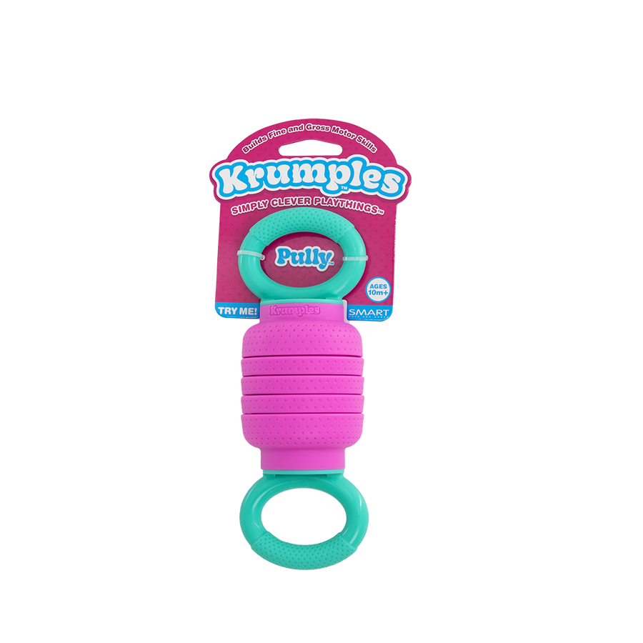 Pink and green toy with 'Krumple' packaging on a white background