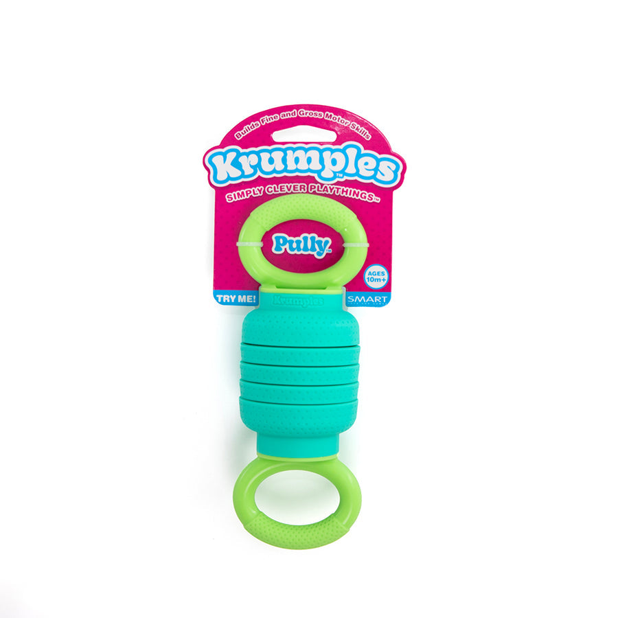 Green and blue toy with pink packaging featuring 'Krumple' branding on a white background