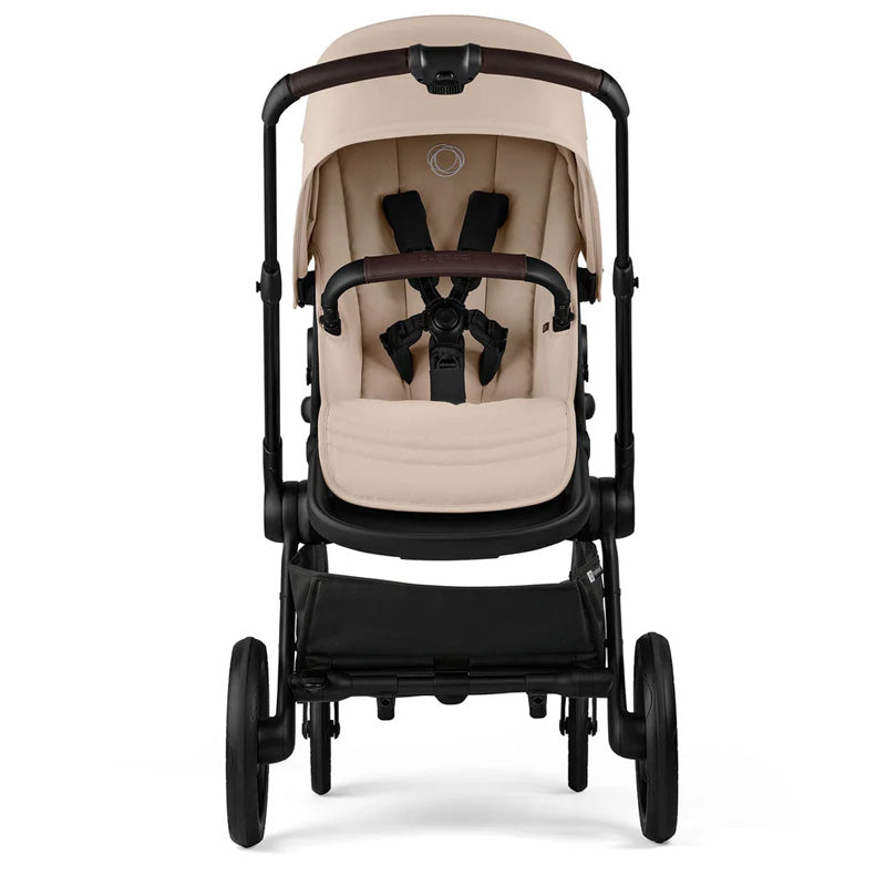 Beige baby stroller with black frame on a white background