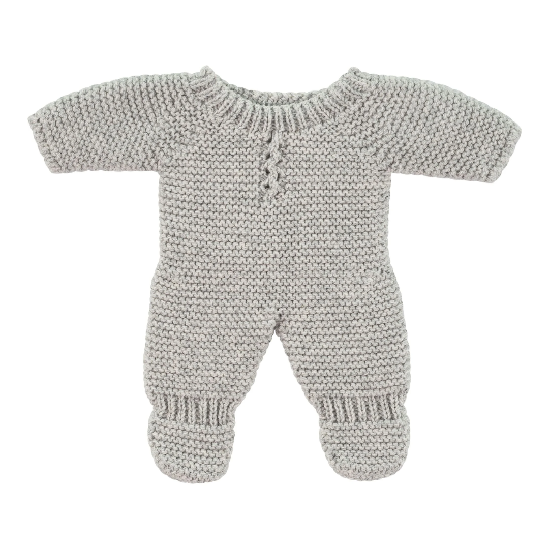 Knitted grey baby romper for doll on a white background