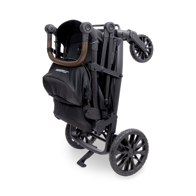 Black stroller with brown accents on a white background