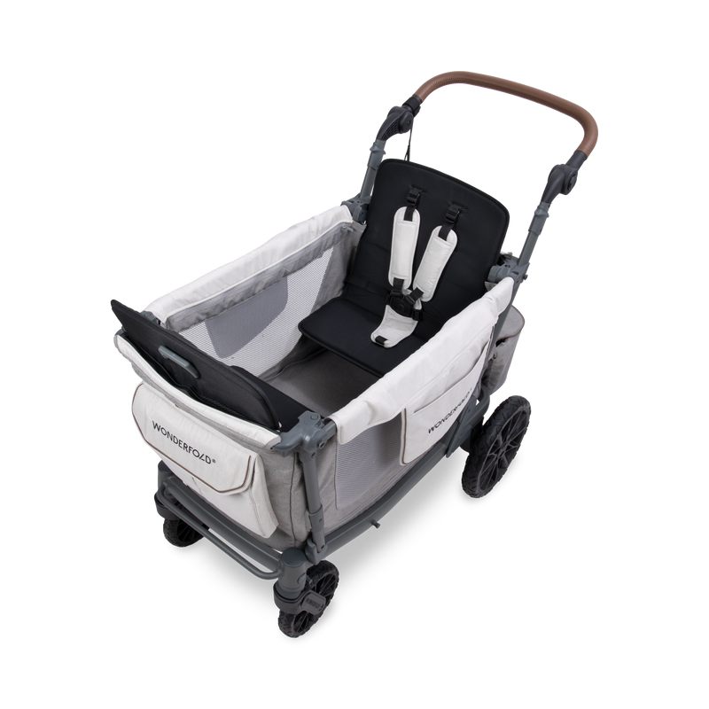 Stroller with a black seat and gray body on a white background